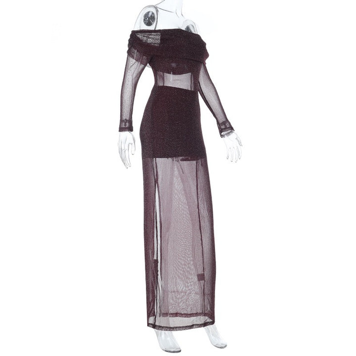 שמלת מקסי נצנצים שקופה בעיצוב כתפיים חשופות בשילוב תחתית טופ וחצאית מיני  - רוקסנה