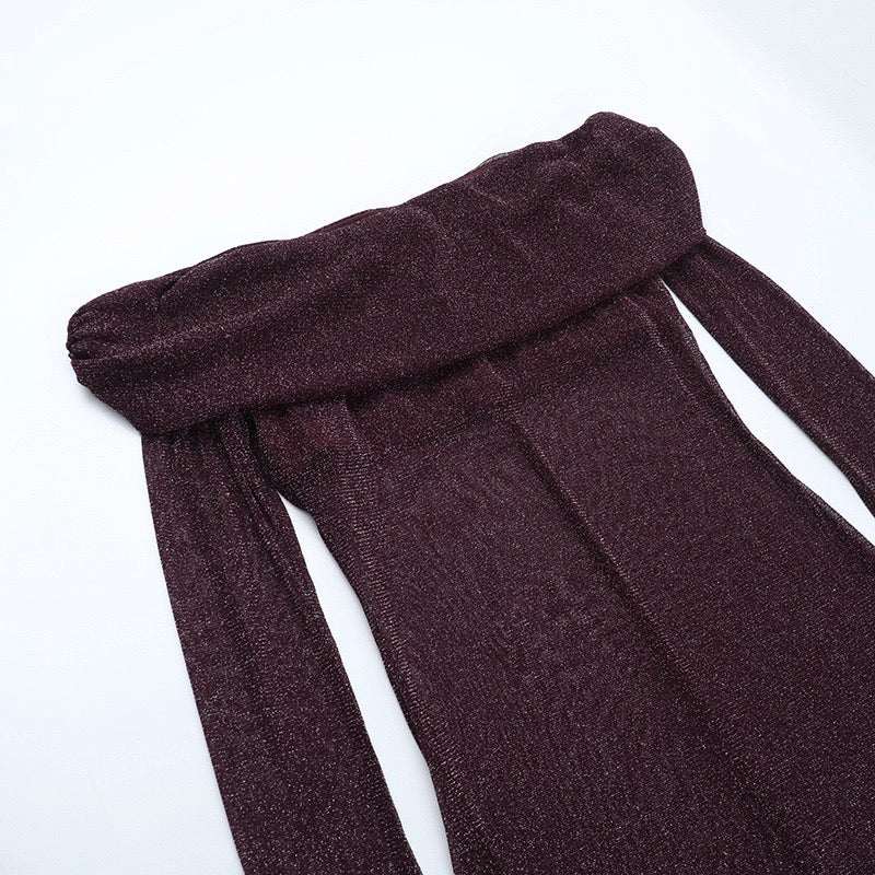 שמלת מקסי נצנצים שקופה בעיצוב כתפיים חשופות בשילוב תחתית טופ וחצאית מיני  - רוקסנה