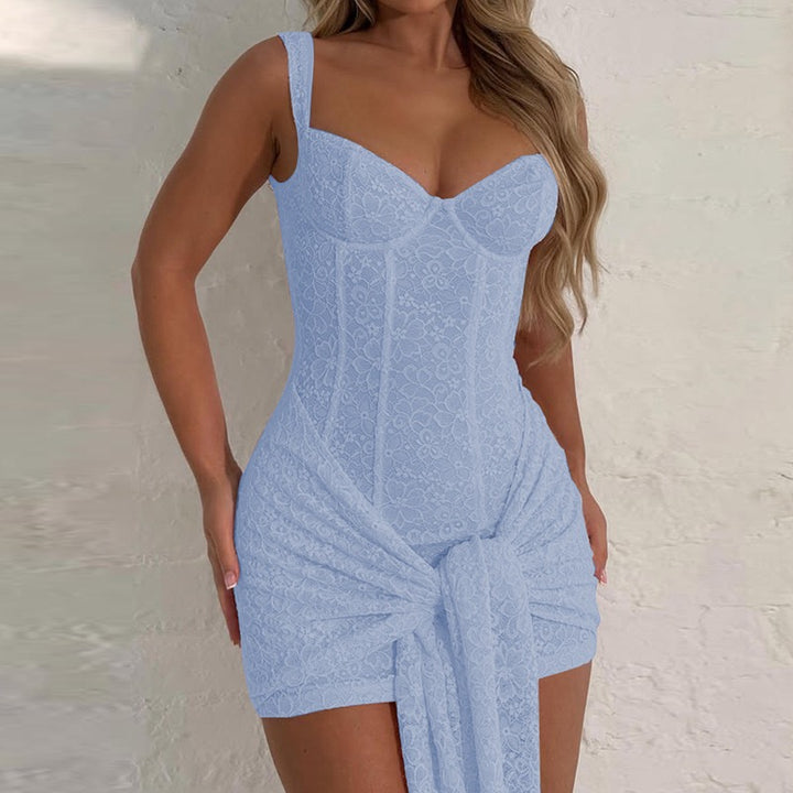 שמלת מיני תחרה בעיטור קשירה - רוזרי