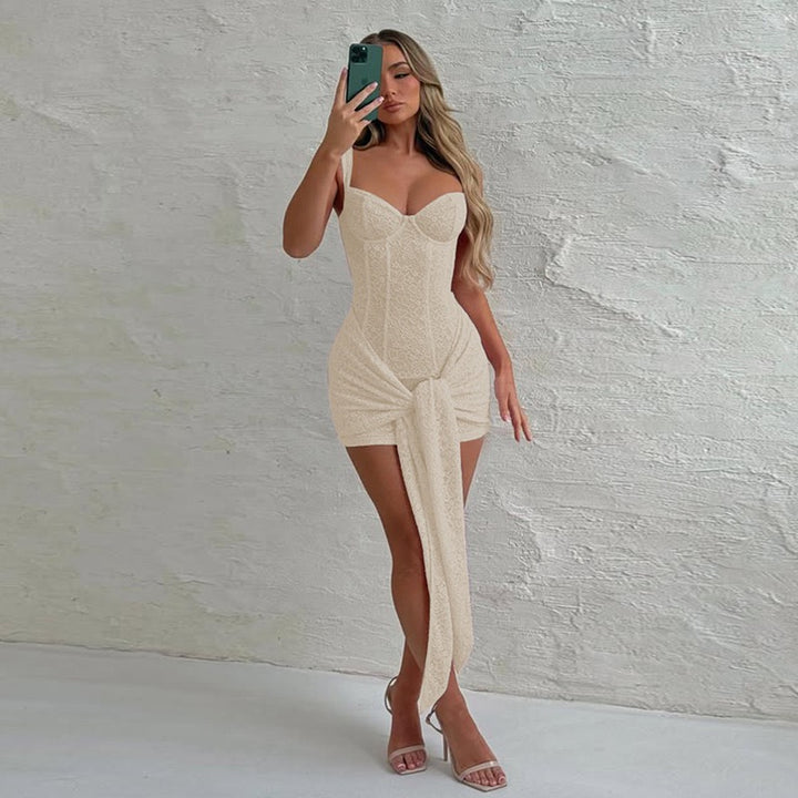 שמלת מיני תחרה בעיטור קשירה - רוזרי