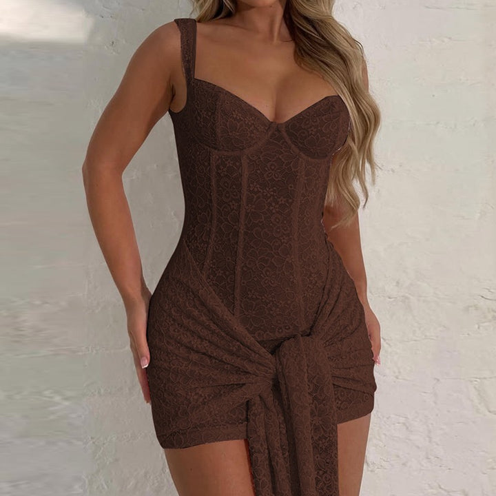 שמלת מיני תחרה בעיטור קשירה - רוזרי