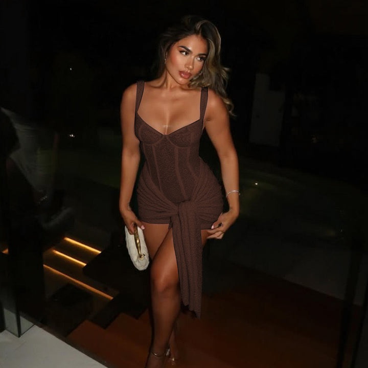 שמלת מיני תחרה בעיטור קשירה - רוזרי