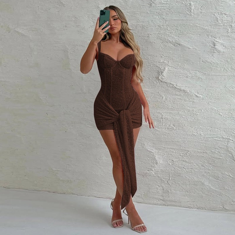 שמלת מיני תחרה בעיטור קשירה - רוזרי