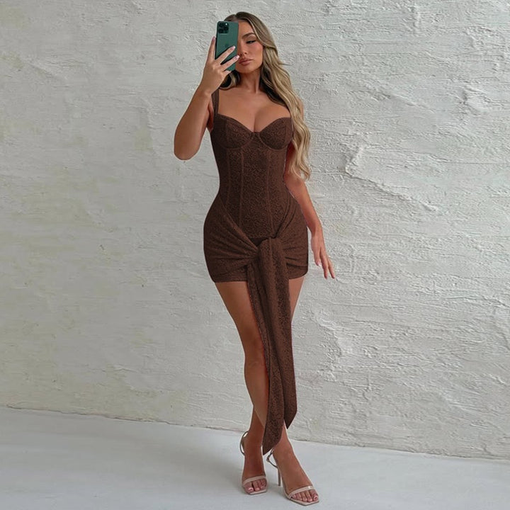 שמלת מיני תחרה בעיטור קשירה - רוזרי