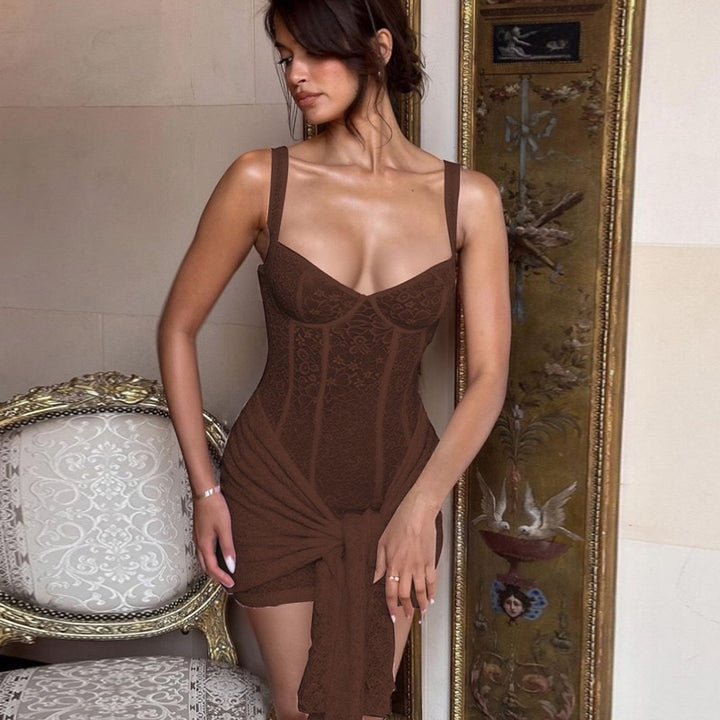 שמלת מיני תחרה בעיטור קשירה - רוזרי