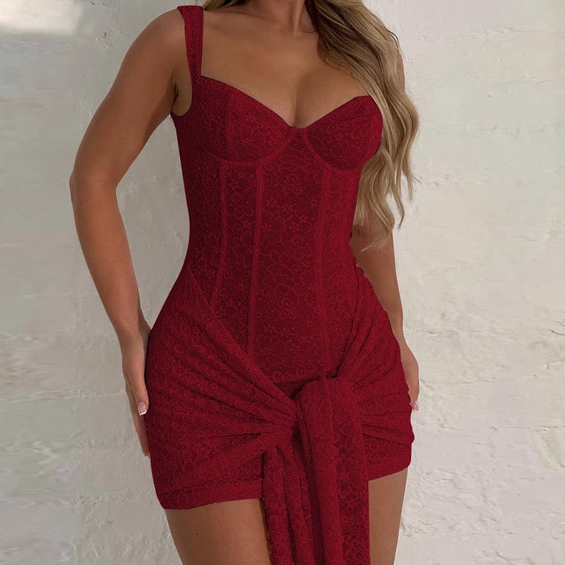 שמלת מיני תחרה בעיטור קשירה - רוזרי