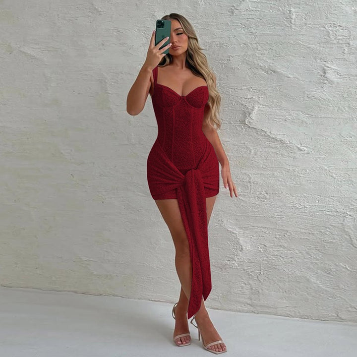 שמלת מיני תחרה בעיטור קשירה - רוזרי