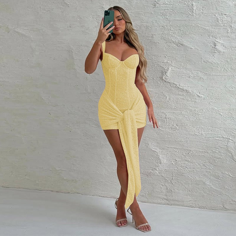 שמלת מיני תחרה בעיטור קשירה - רוזרי