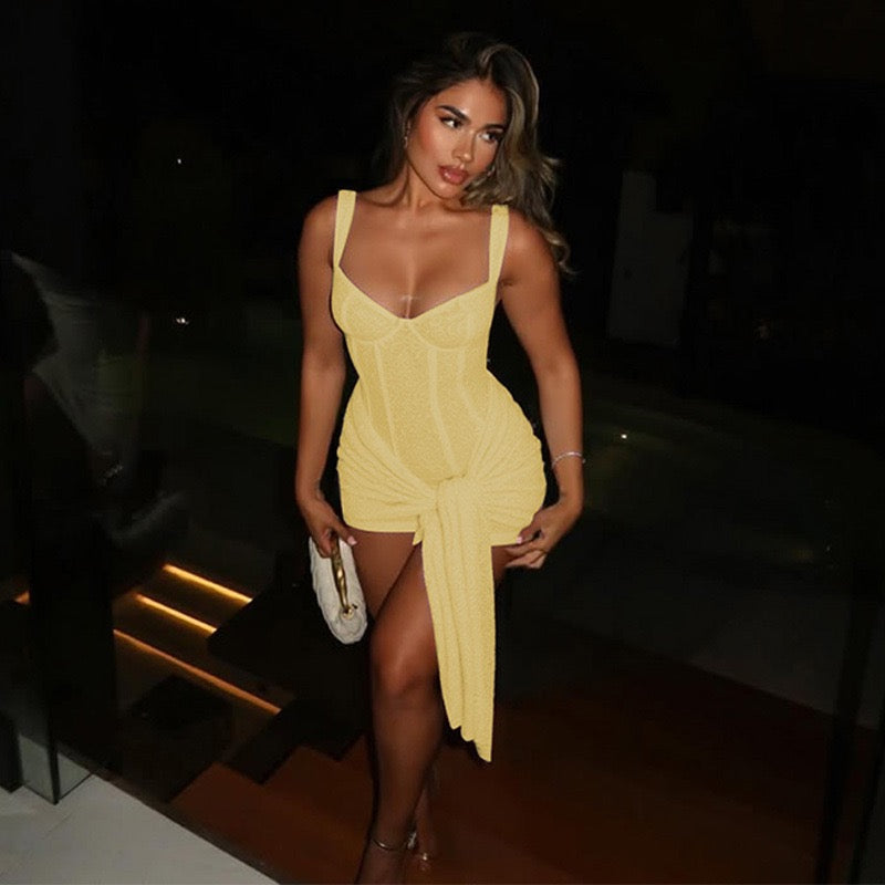 שמלת מיני תחרה בעיטור קשירה - רוזרי