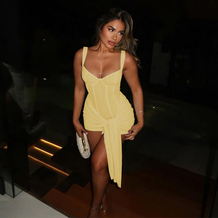 שמלת מיני תחרה בעיטור קשירה - רוזרי