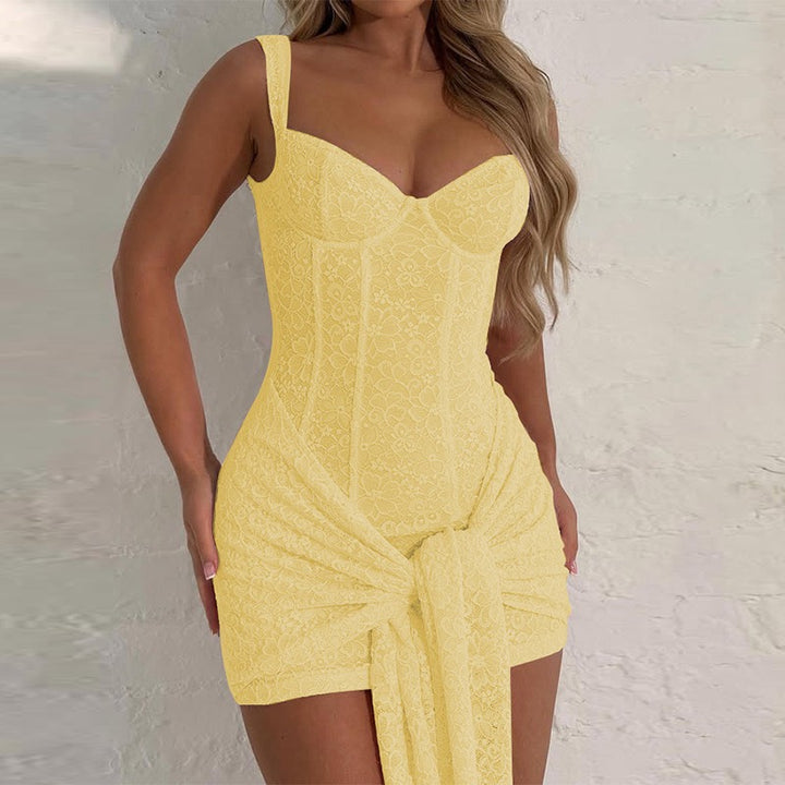 שמלת מיני תחרה בעיטור קשירה - רוזרי