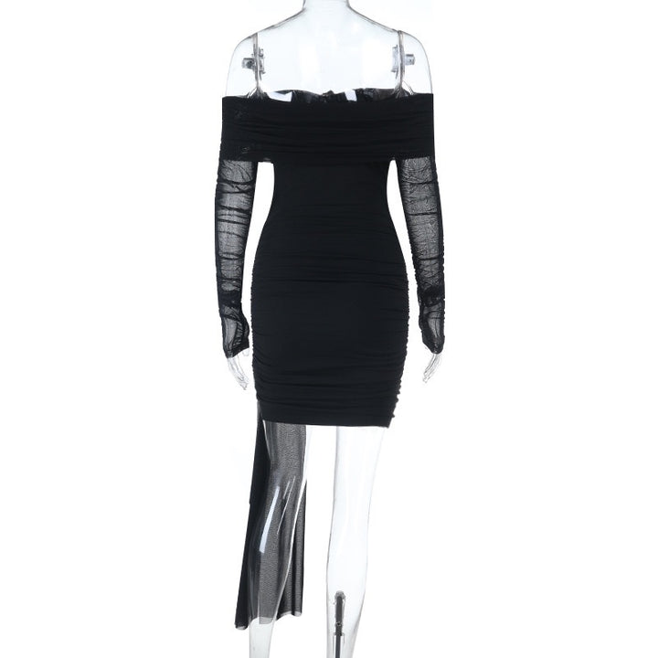 שמלת מיני כיווצים כתפיים חשופות בעיצוב שיפון בעיטור אבזמים - מליסה