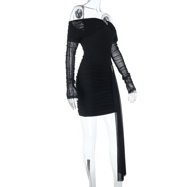 שמלת מיני כיווצים כתפיים חשופות בעיצוב שיפון בעיטור אבזמים - מליסה