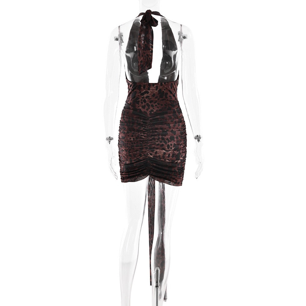 שמלת מיני כיווצים קשירה בעורף גב פתוח - זויה