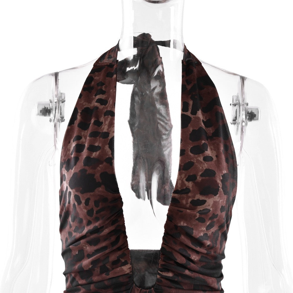 שמלת מיני כיווצים קשירה בעורף גב פתוח - זויה