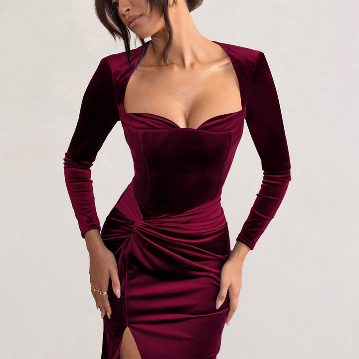 שמלת מקסי קטיפה בעיצוב שסע - פראג