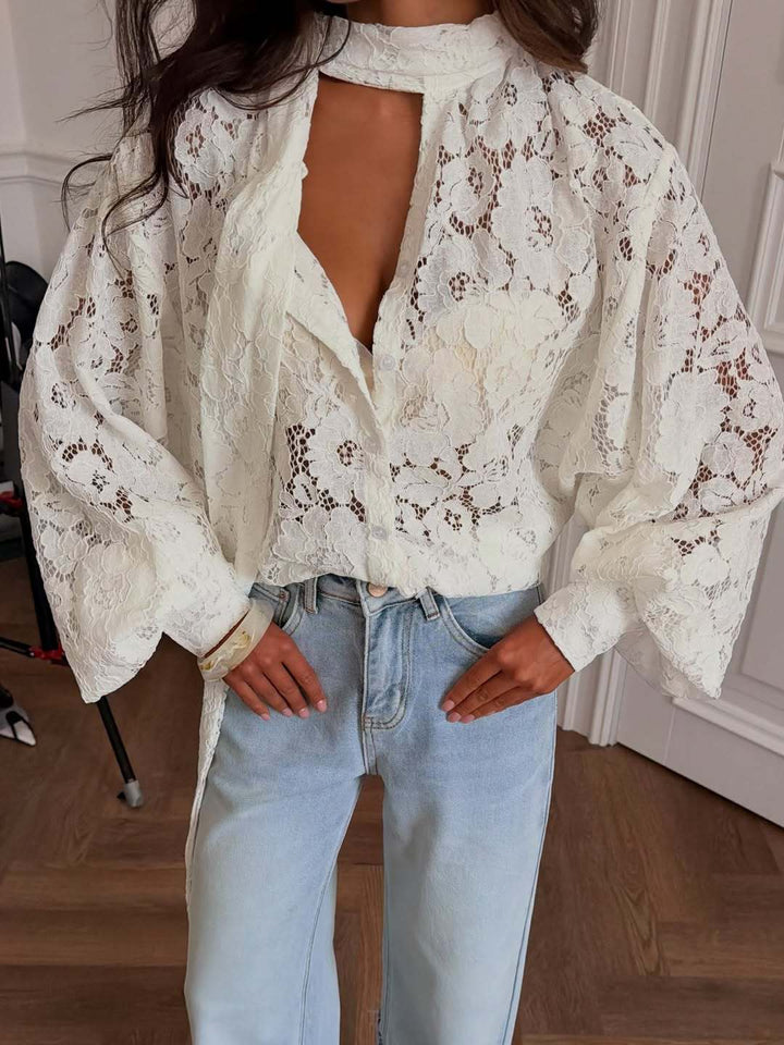 חולצת תחרה עם צווארון קשירה ושרוולים נפוחים - ELISABETH