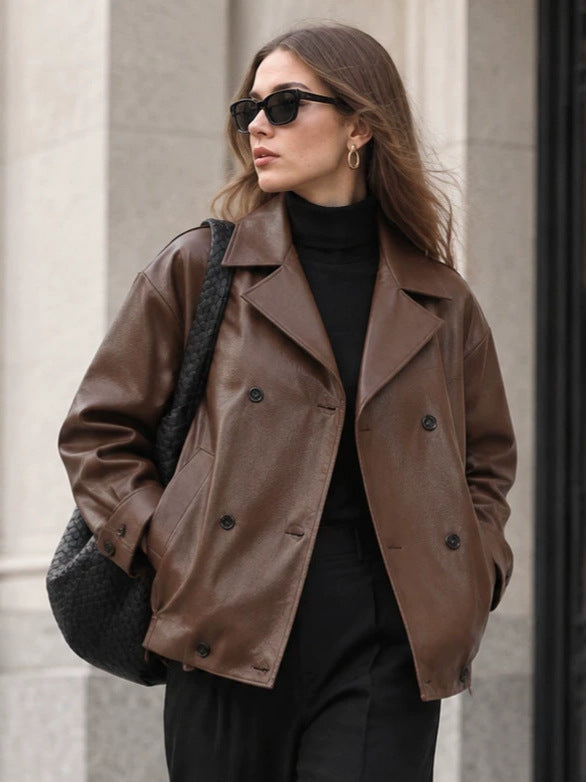 ג'קט דמוי עור כפול רכיסה בגזרה רחבה - PALMIRINA