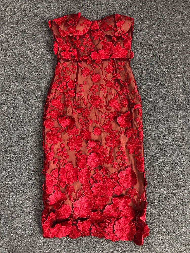 שמלת מידי סטרפלס בעיצוב רקמת פרחים - מוריה