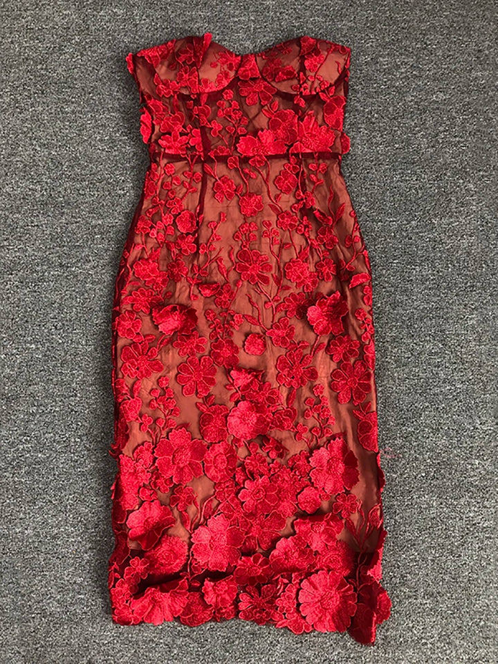 שמלת מידי סטרפלס בעיצוב רקמת פרחים - מוריה