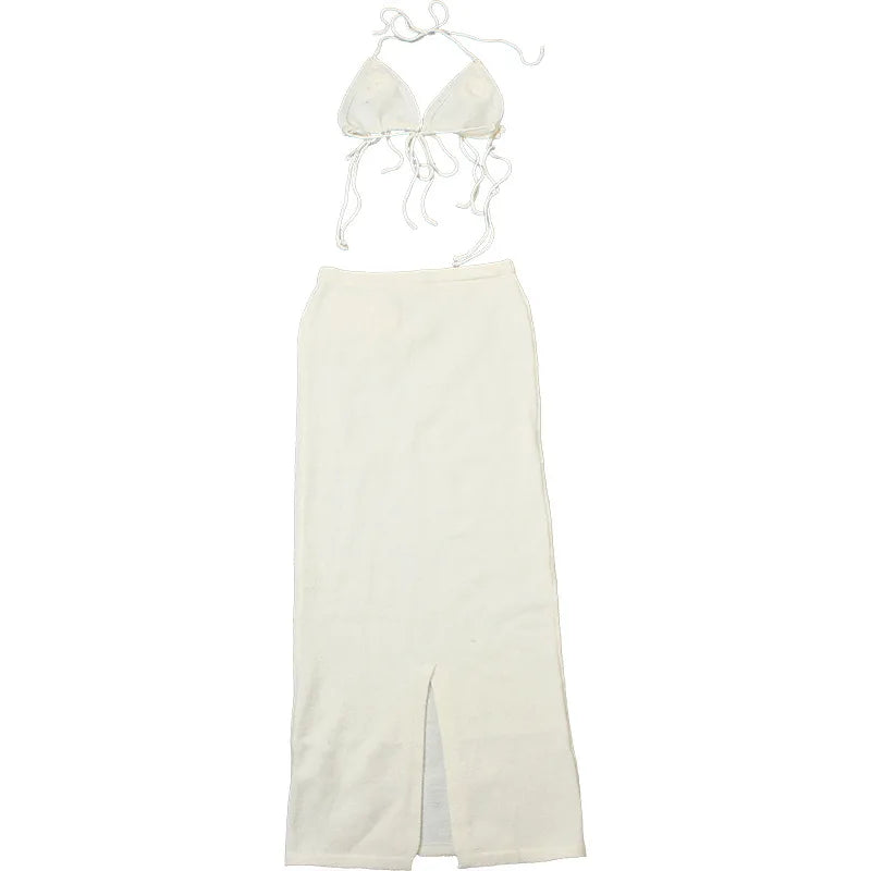 סט שני חלקים סרוג בעיטור אפליקציות פרחים טופ קשירה וחצאית מקסי - אווה