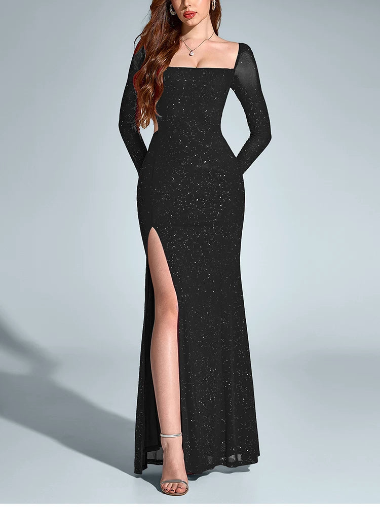 שמלת מקסי נצנצים בעיצוב גב פתוח ושסע - מדמואזל