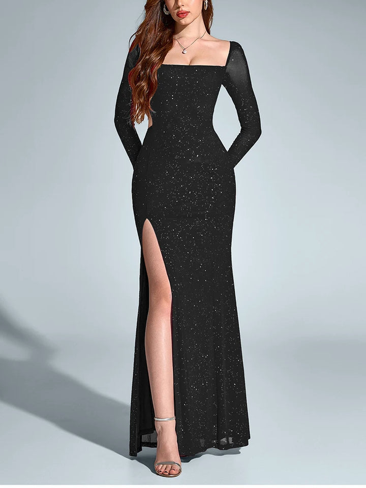 שמלת מקסי נצנצים בעיצוב גב פתוח ושסע - מדמואזל