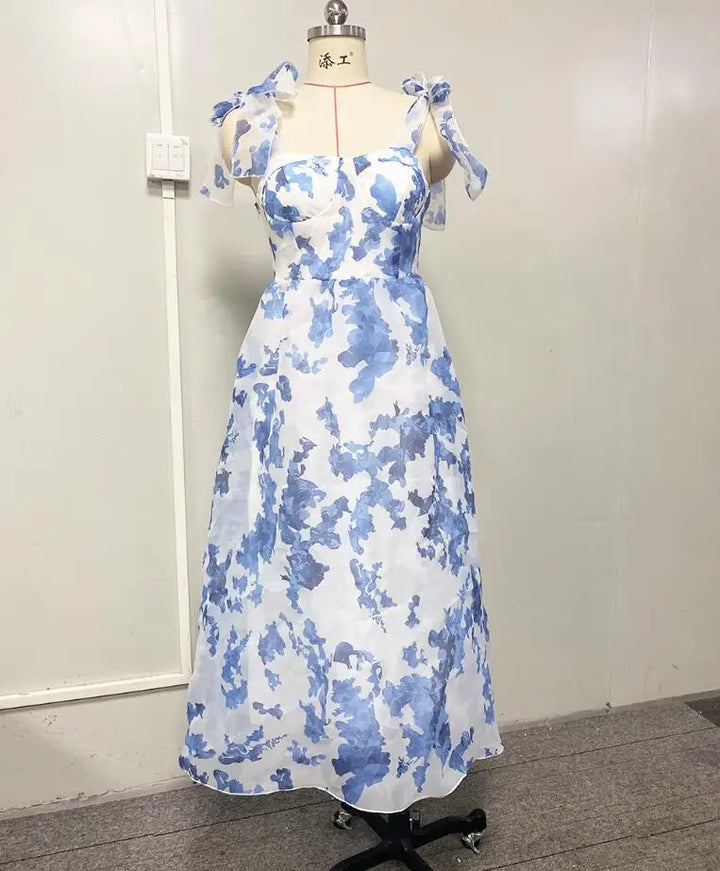 שמלת מידי שיפון פרחונית בגזרת A קשירה בכתפיות - ורונה