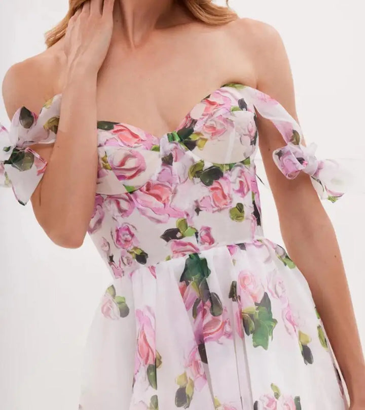 שמלת מידי שיפון פרחונית בגזרת A קשירה בכתפיות - ורונה