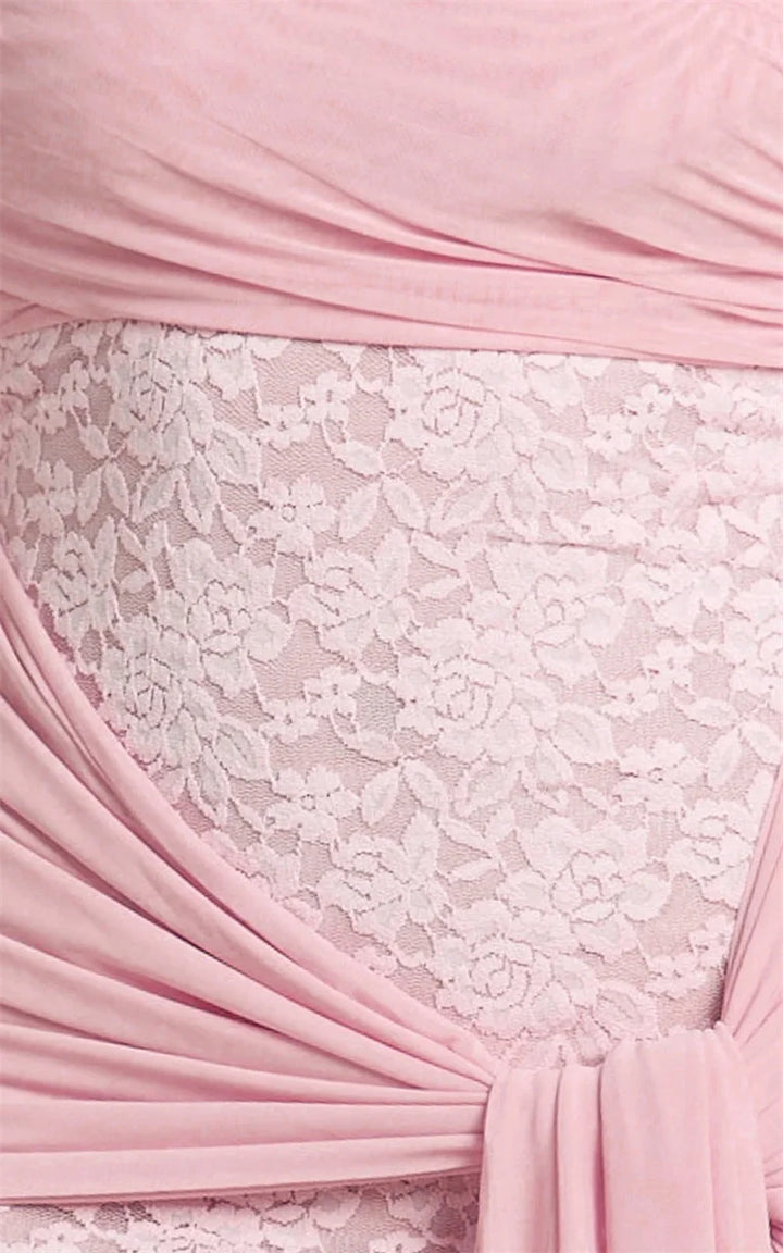 שמלת מקסי תחרה כתפיים חשופות - ורדית