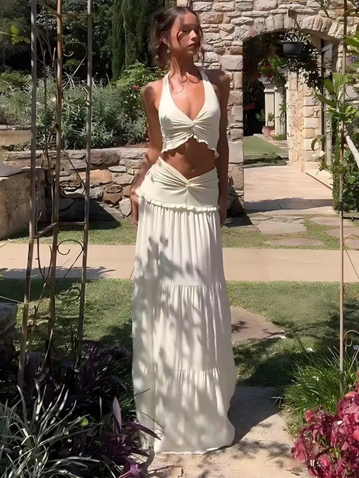 סט שני חלקים חצאית מקסי וטופ קשירה בצוואר - לורנזה