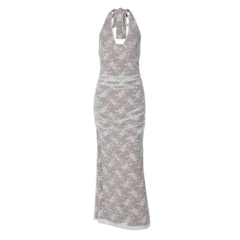 שמלת מקסי תחרה קשירה בעורף גב פתוח - לונה