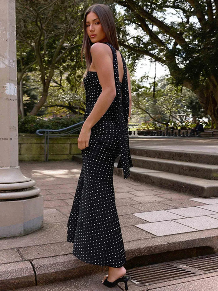 שמלת מקסי סטרפלס נקודות בעיטור צעיף תואם - פמלה