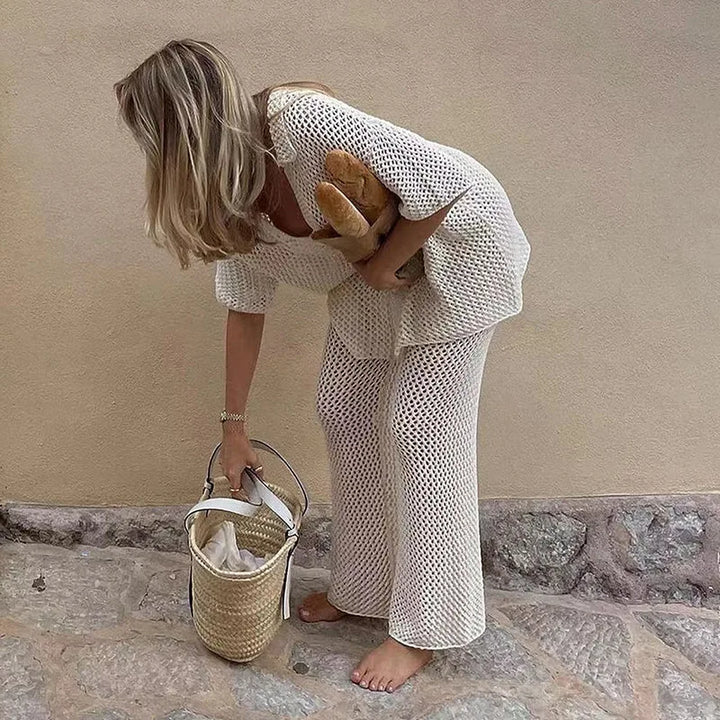 חליפת חוף סרוגה שני חלקים סטייל LOOSE חולצת כפתורים ומכנסיים ארוכים - גלפאגוס