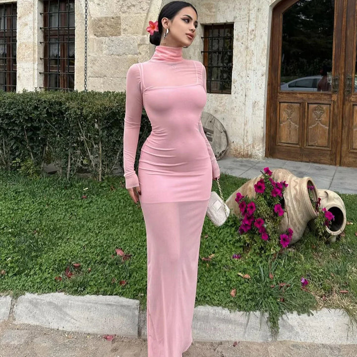 שמלת מקסי רשת בשילוב תחתית צווארון גולף - Isabella