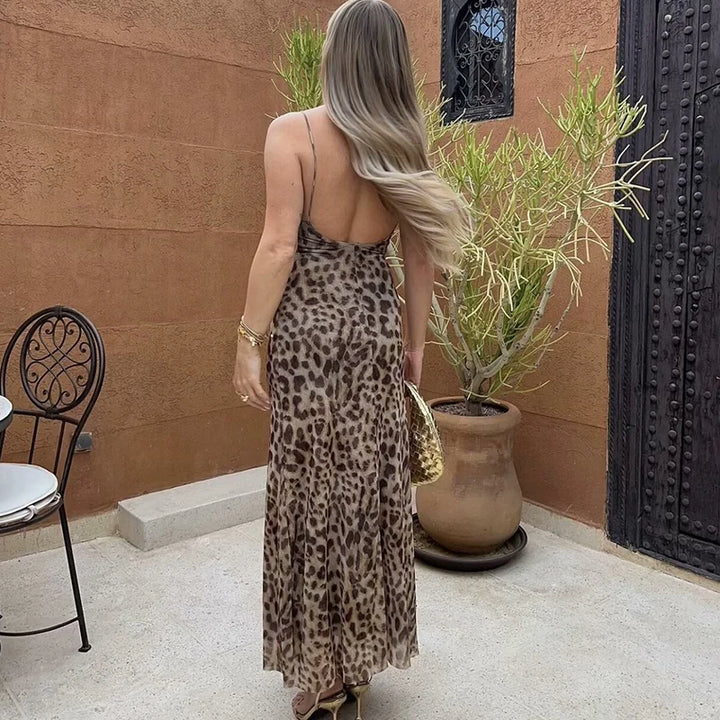 שמלת מקסי שיפון מנומרת אלגנטית גב פתוח - טירנה
