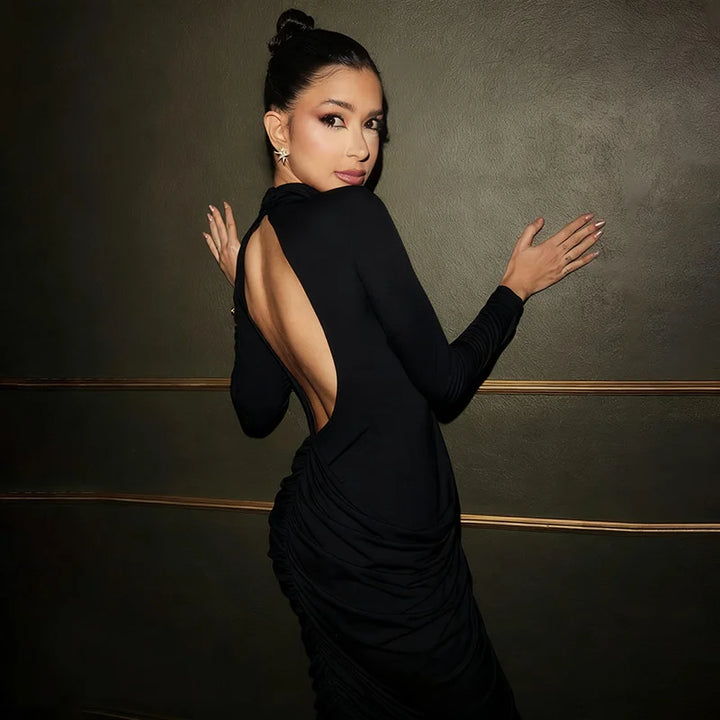 שמלת מקסי בעיצוב קיפולים גב פתוח  - אורון