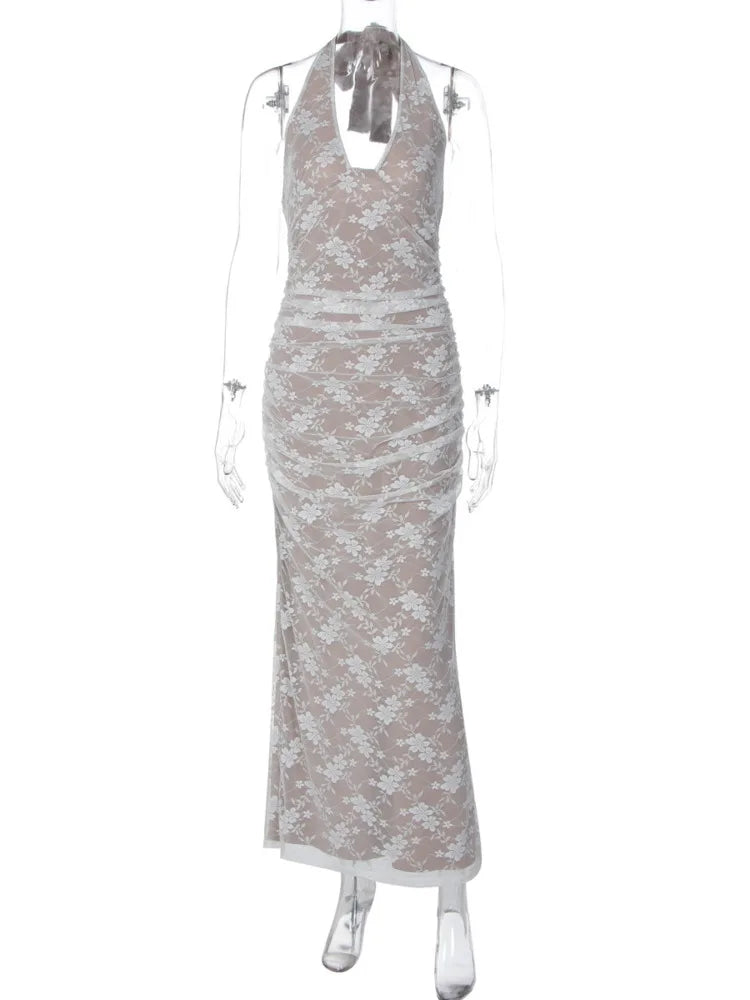 שמלת מקסי תחרה קשירה בעורף גב פתוח - לונה