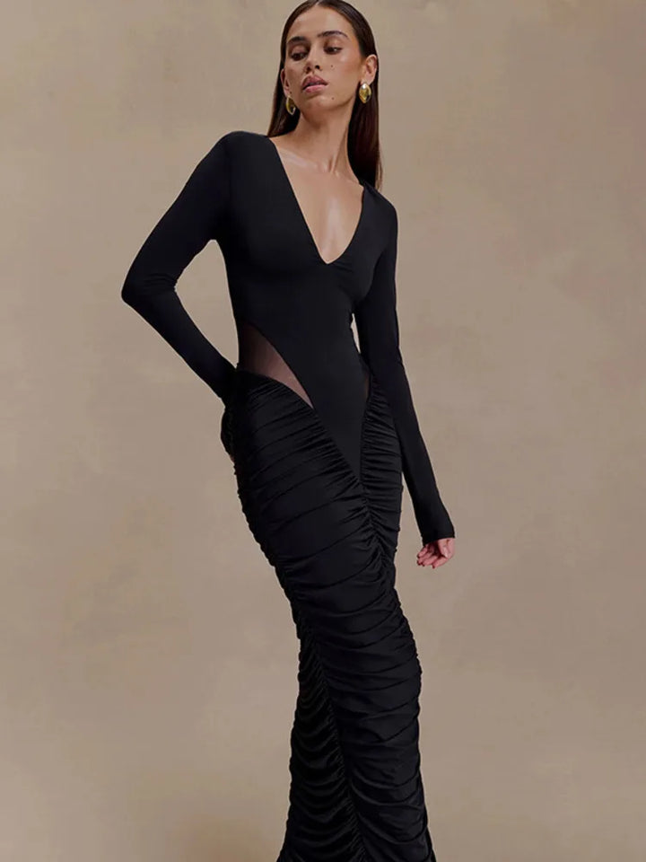 שמלת מקסי בעיצוב קיפולים ורשת - טאליה