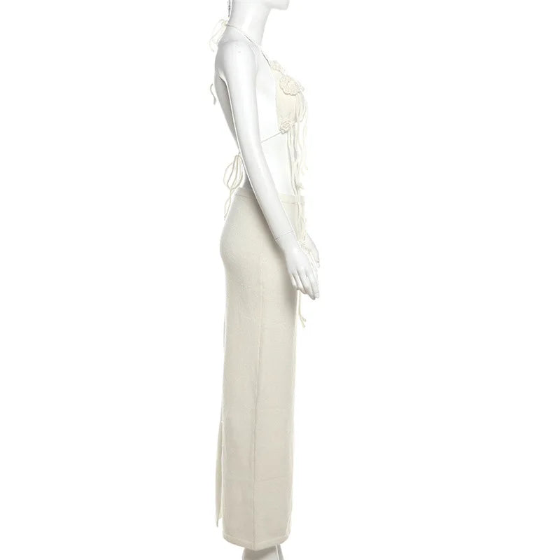 סט שני חלקים סרוג בעיטור אפליקציות פרחים טופ קשירה וחצאית מקסי - אווה