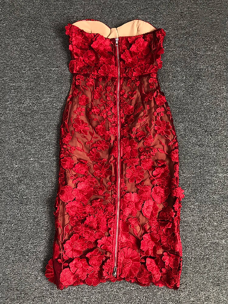 שמלת מידי סטרפלס בעיצוב רקמת פרחים - מוריה