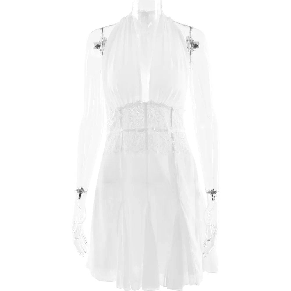 שמלת מיני קשירה בעורף גב פתוח בעיטור תחרה - הילה