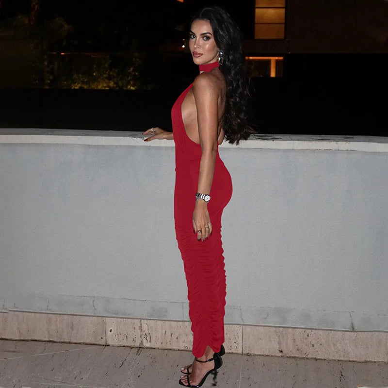 שמלת מקסי קולר כיווצים צמודה צווארון V גב פתוח - Jimena