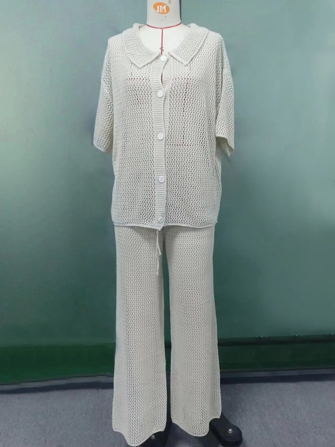 חליפת חוף סרוגה שני חלקים סטייל LOOSE חולצת כפתורים ומכנסיים ארוכים - גלפאגוס