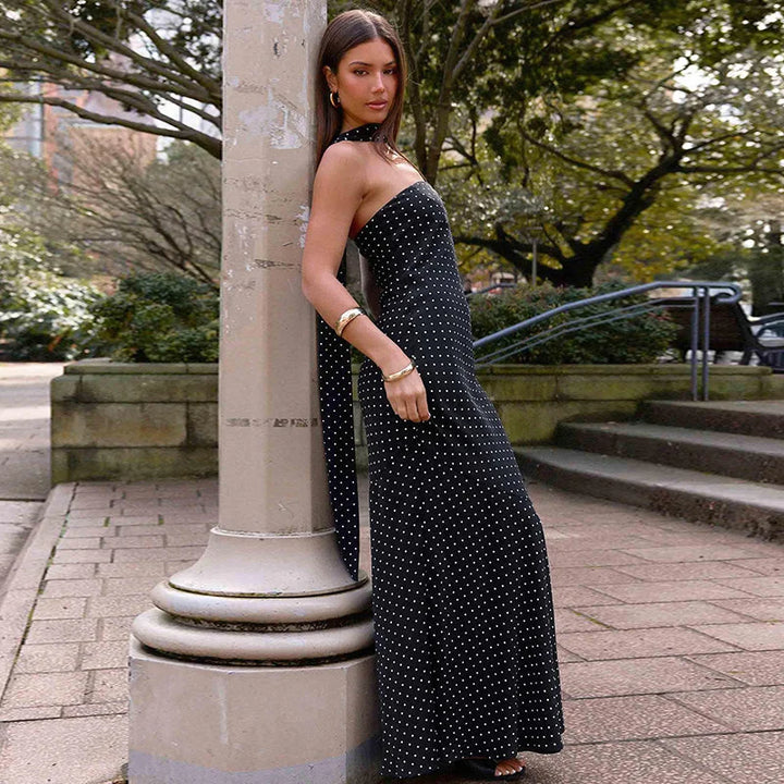 שמלת מקסי סטרפלס נקודות בעיטור צעיף תואם - פמלה