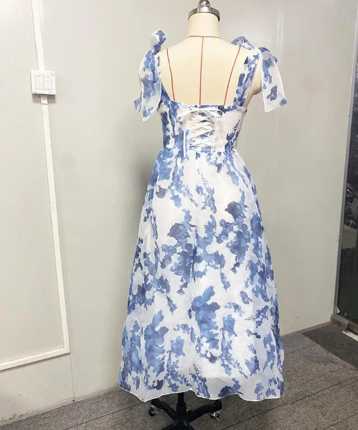 שמלת מידי שיפון פרחונית בגזרת A קשירה בכתפיות - ורונה