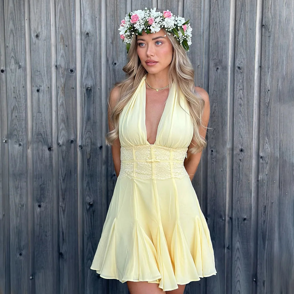 שמלת מיני קשירה בעורף גב פתוח בעיטור תחרה - הילה