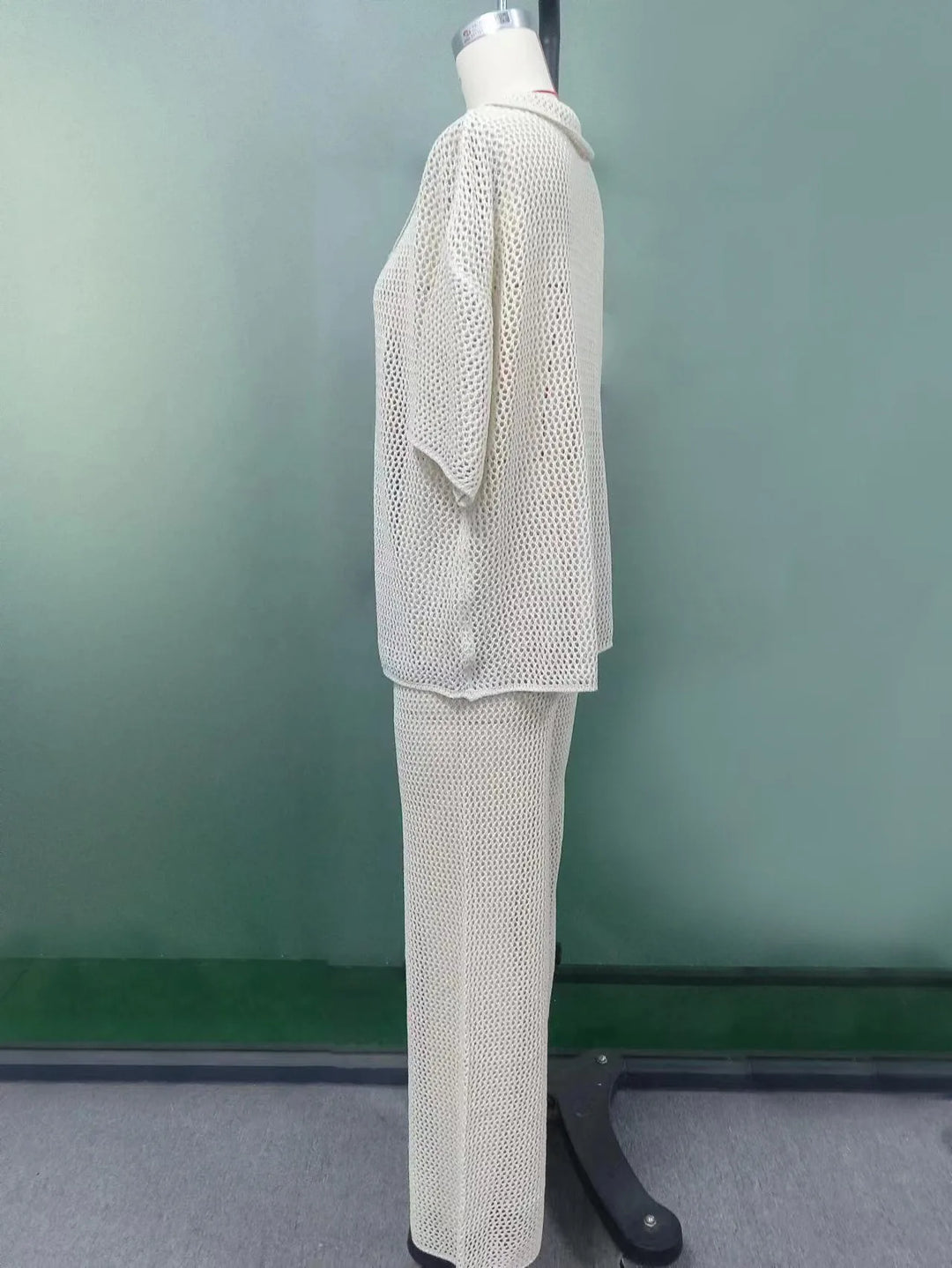 חליפת חוף סרוגה שני חלקים סטייל LOOSE חולצת כפתורים ומכנסיים ארוכים - גלפאגוס