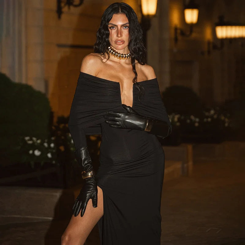 שמלת מקסי כתפיים חשופות בעיצוב שסע - לילי