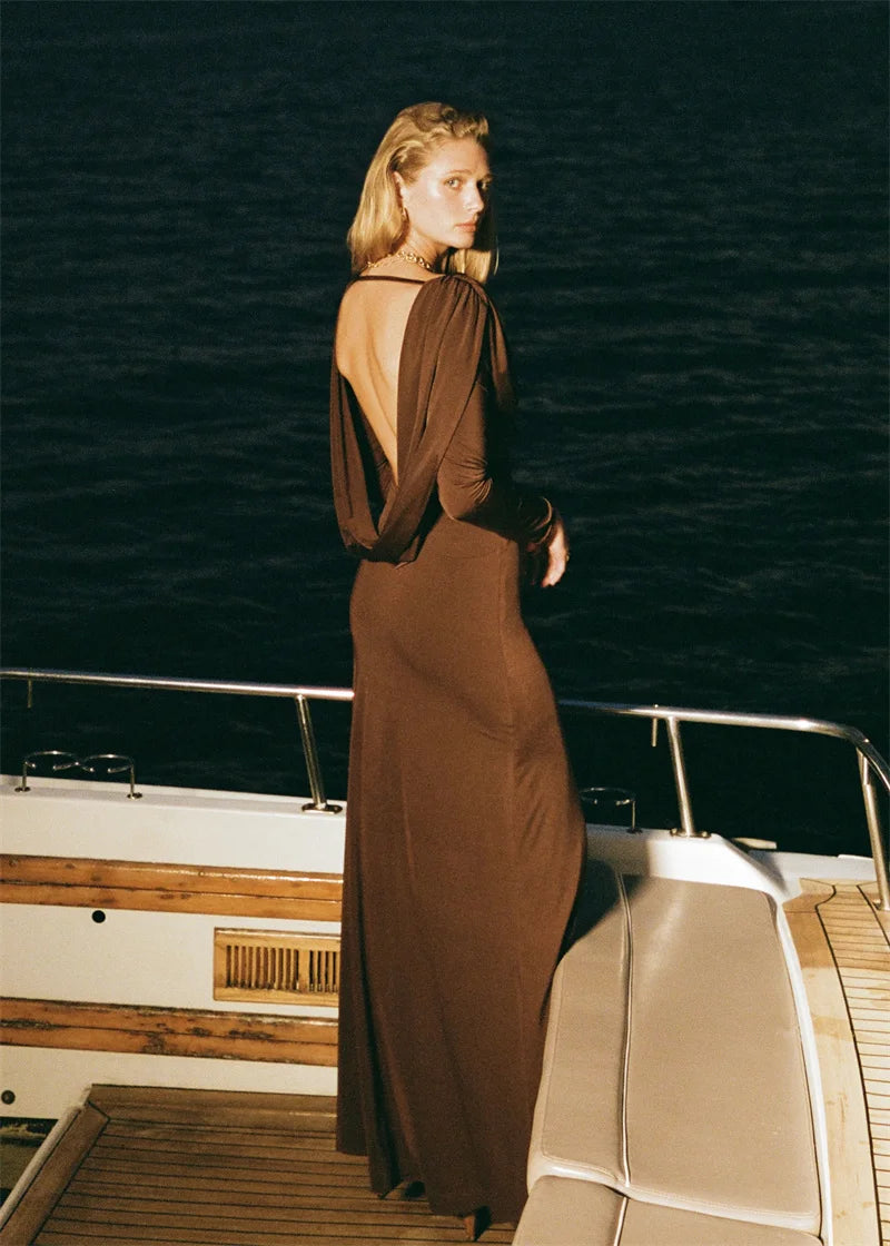 שמלת מקסי גב פתוח - מוקה